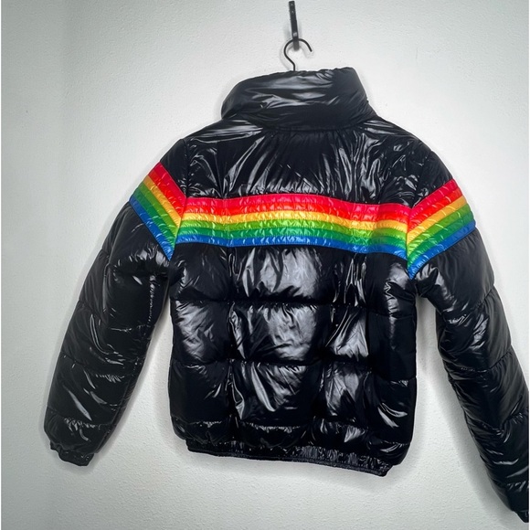 Aviator Nation 6 Stripe Lux Apres Puffer Jacket, Glossy Black, size S NWT - Picture 3 of 6